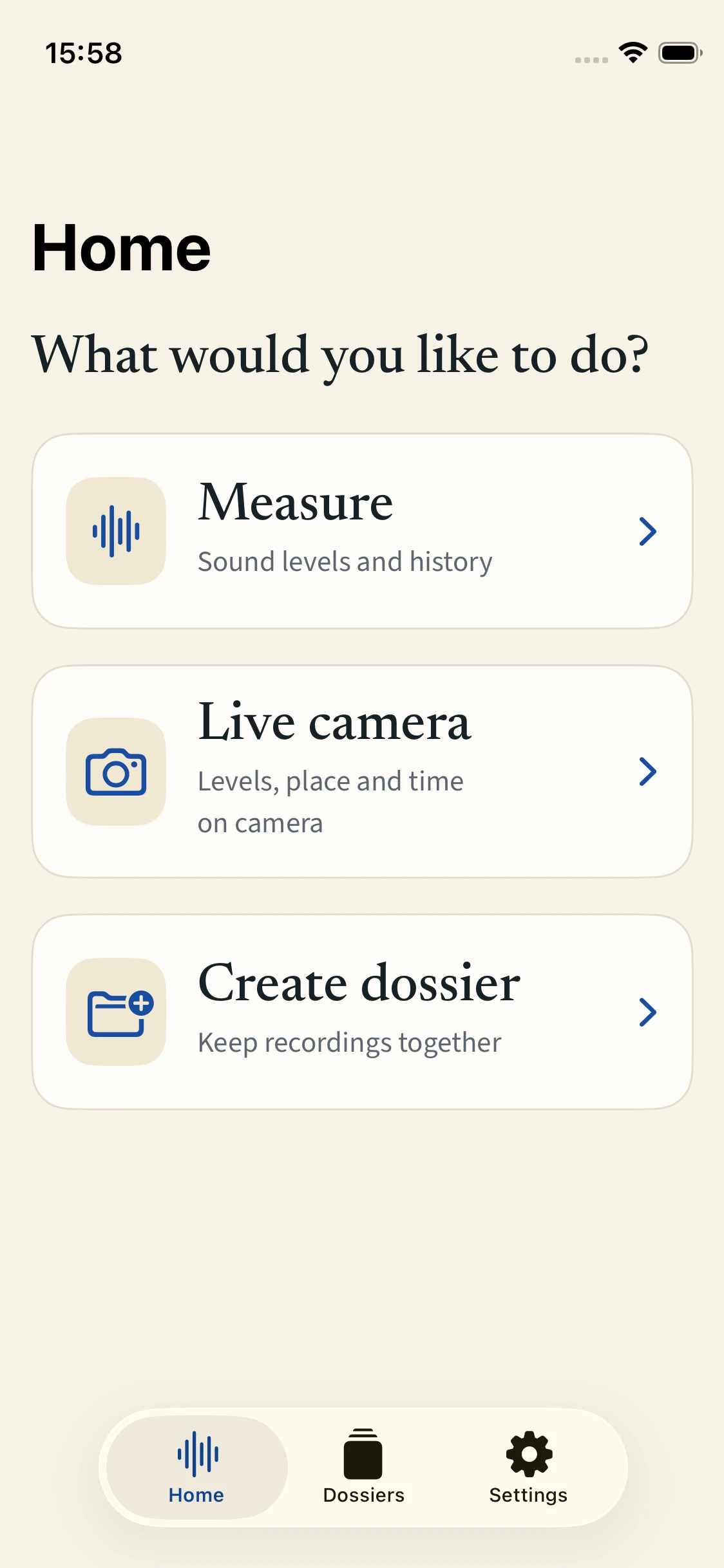 Hush home screen with Measure, Live camera and Create dossier